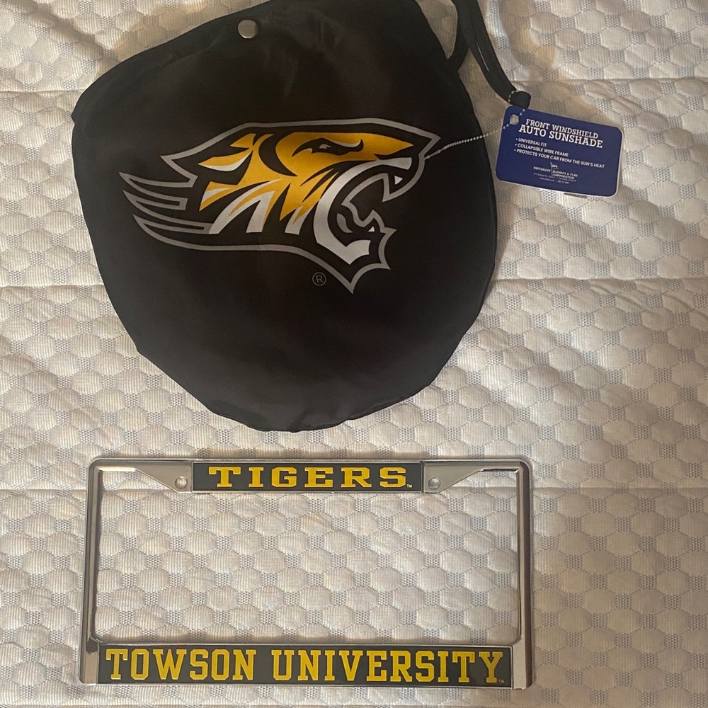 NWT Towson University Tigers Sunshade and Metallic License Plate Frame